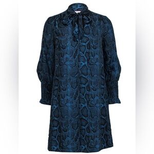 Rebecca Taylor - Blue & Black Snakeskin Print Silk Shift Dress W/ Neck Tie